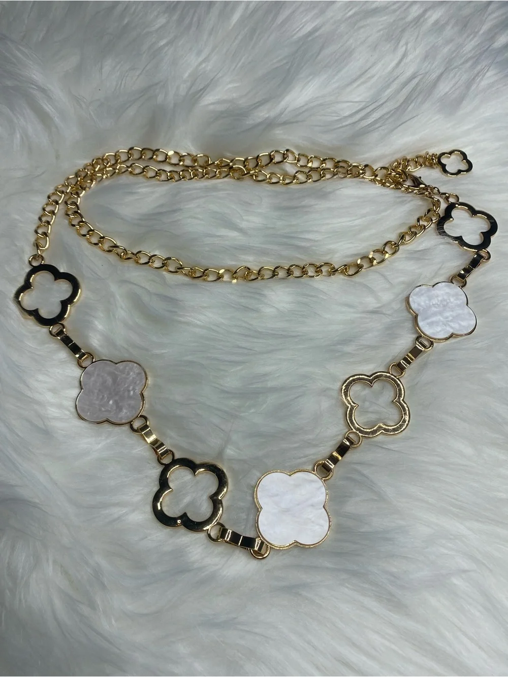 Gold-Tone Clover Link Belt with White Inlay Accents